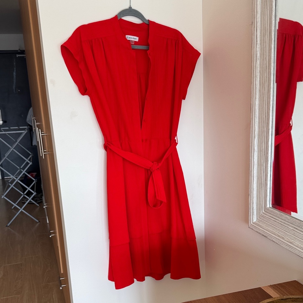 Calvin Klein Vibrant Red Midi Dress tie waist size 6